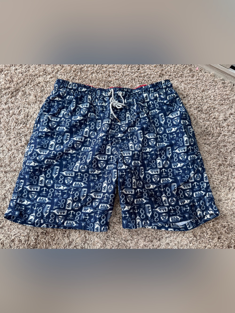 Lands' End Navy Blue Nautical Print Swim Shorts (men’s large) with pockets